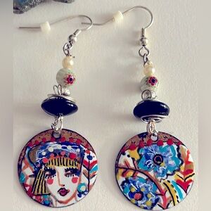 NWOT earrings Artisan Copper Enamel “All Dressed Up” portrait, flowers,art glass
